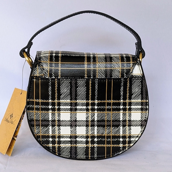 Patricia Nash Annfield Saddle Bag Leather Crossbody Handle Black White Plaid NWT - Picture 5 of 13